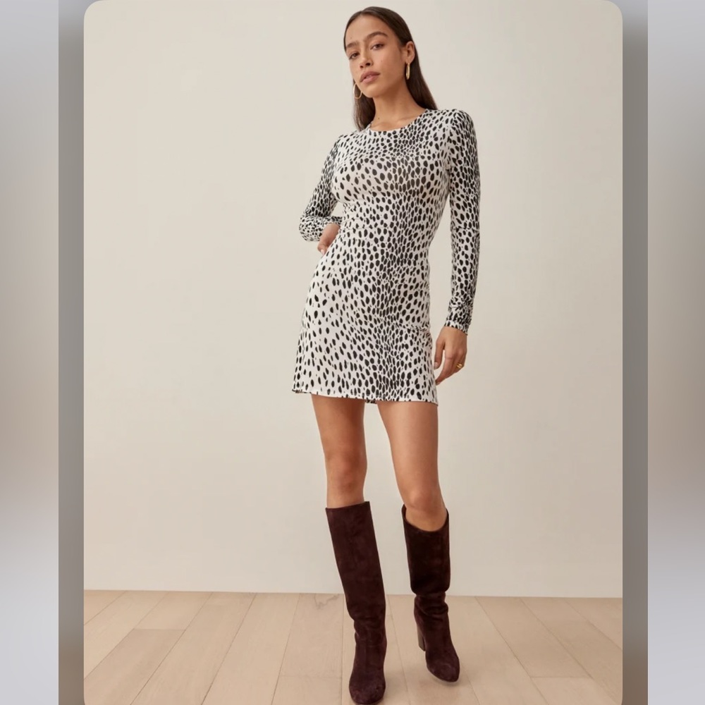Reformation Kenmare Long Sleeve White Black Cheetah Print Mini Dress